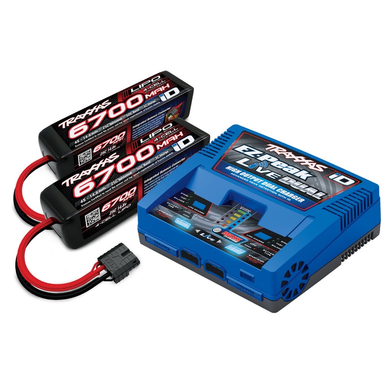Battery/charger completer pack (includes #2973 Dual iD charger (1), #2890X 6700mAh 14.8V 4-cell 25C LiPo battery (2))