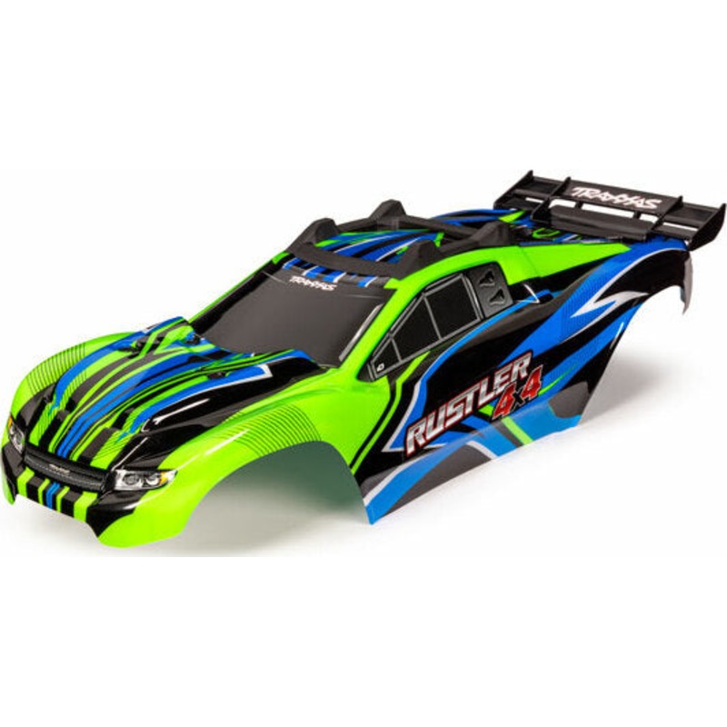 Body, Rustler 4X4, Green and Blue/ Window, Grille, Lights Decal Sheet (Assembled with Front and Rear Body Mounts And Rear Body Support For Clipless Mounting)