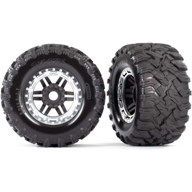 Traxxas 8972X Tires & Wheels, Black, Satin Chrome Beadlock Style, Maxx Mt Tires