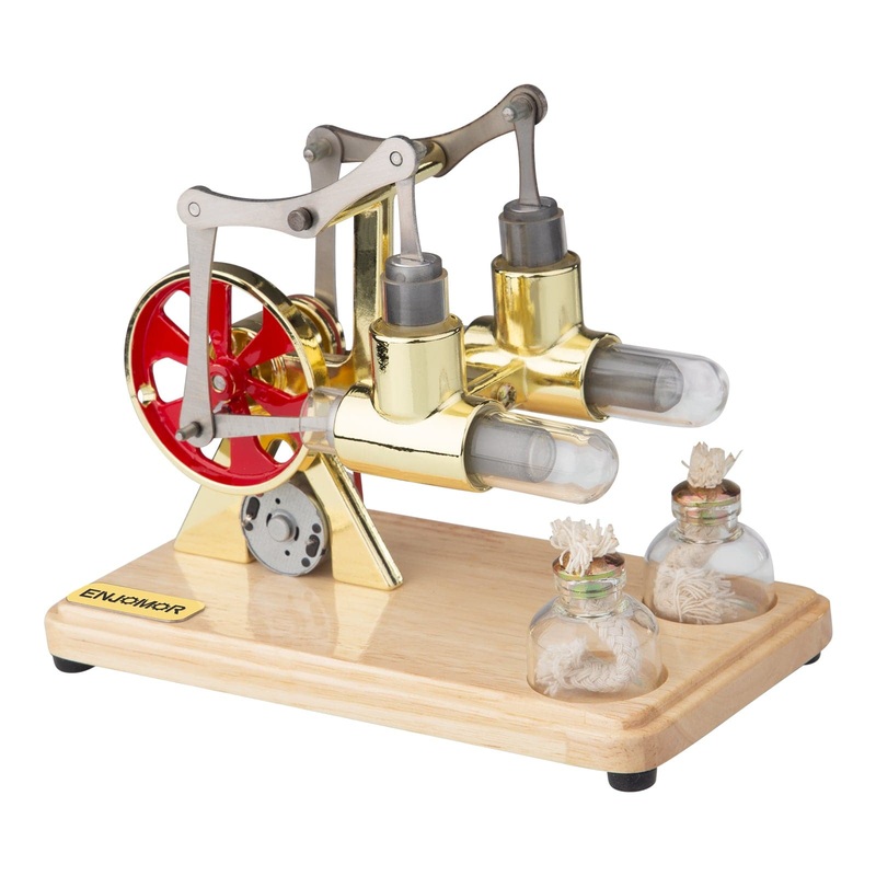 ENJOMOR Balance Two Cylinder Stirling Engine with LED Light Bulb Golden