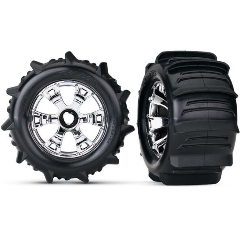 Tires & wheels, assembled, glued (Geode chrome wheels, paddle tires, foam inserts) (2) (use with 17mm splined wheel hubs & nuts, part # 5353X) (TSM rated)
