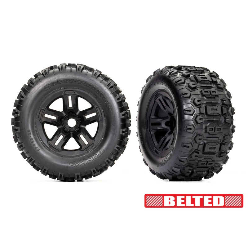 Tires & Wheels, assembled, glued (3.8″ black wheels, belted Sledgehammer tires, Traxxas, #9573