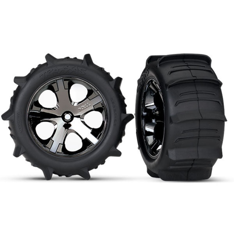 Tires & wheels, assembled, glued (2.8′) (All-Star black chrome wheels, paddle tires, foam inserts) (2WD electric rear) (2) (TSM rated)