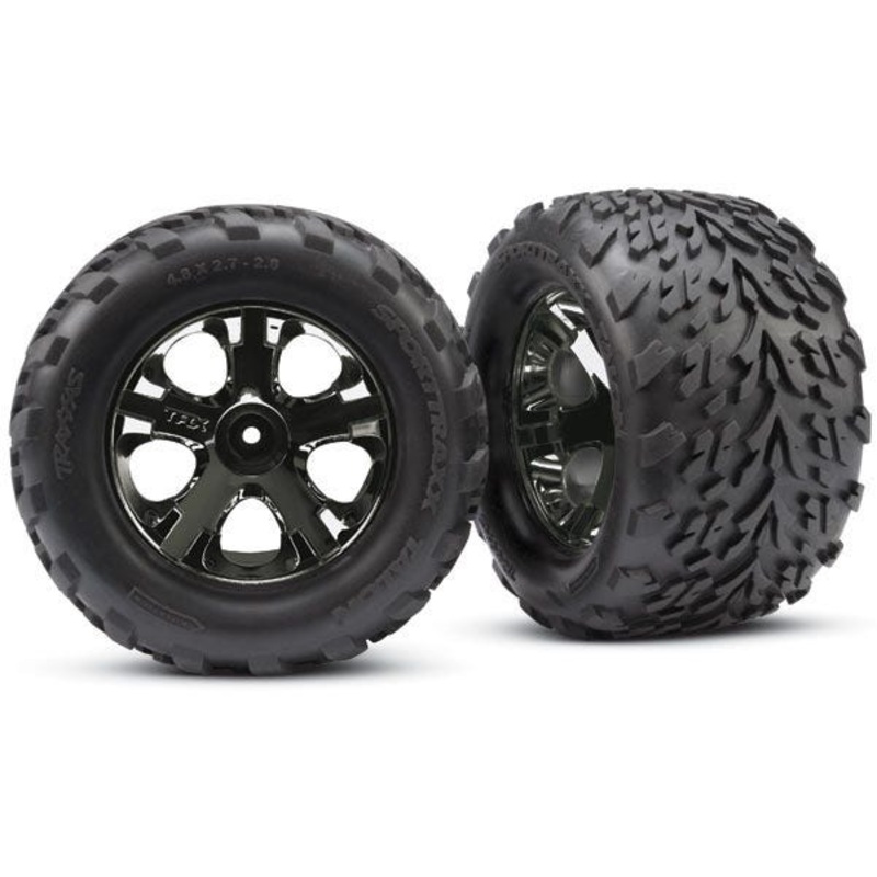 Tires & wheels, assembled, glued (2.8′) (All-Star black chrome wheels, Talon tires, foam inserts) (nitro rear/ electric front) (2) (TSM rated)